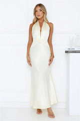 Twilight Charm Satin Halter Maxi Dress Yellow